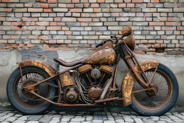 Steampunk style motorcycle, background with brick wall.