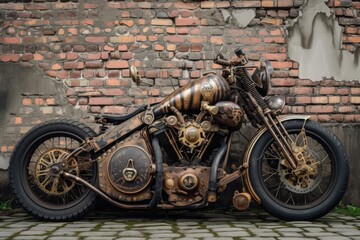 Steampunk style motorcycle, background with brick wall.