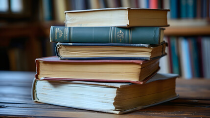 a stack of books on the wooden table