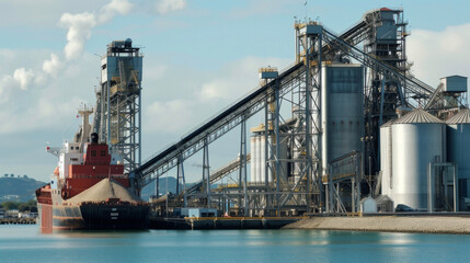 A complex system of chutes and conveyors leading from the ships hold to the ports storage silos demonstrating the advanced techniques used to move large quantities of grain