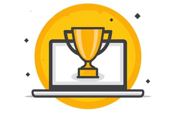 Trophy icon in yellow circle on laptop screen, white background, technology and achievement concept.