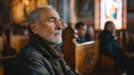 An older man sitting in a church praying for his partner who is hospitalized due to complications from HIVAIDS. - obrazy, fototapety, plakaty