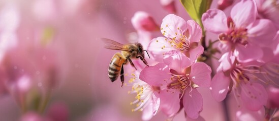 Bee flying around pink blooming flower in selective focus shot.
