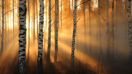 Foto op Plexiglas Birch grove in the mist illuminated by the rays of the rising sun © Lin_Studio