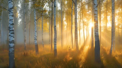 Foto auf Alu-Dibond Birch grove in the mist illuminated by the rays of the rising sun © Lin_Studio