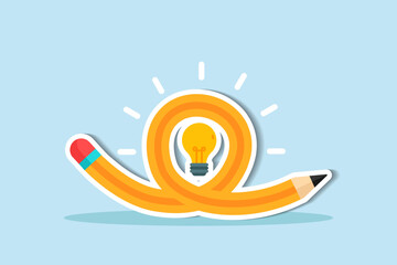 Creative idea, imagination, writing skill or learning and education concept, bending pencil with bright lightbulb idea.