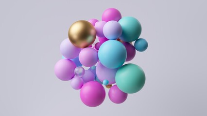 3d render, abstract modern geometric wallpaper. Pink blue and gold assorted balls. Lump made of chaotic multicolored particles stick together, isolated on white background