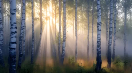 Fototapeten Birch grove in the mist illuminated by the rays of the rising sun © Lin_Studio