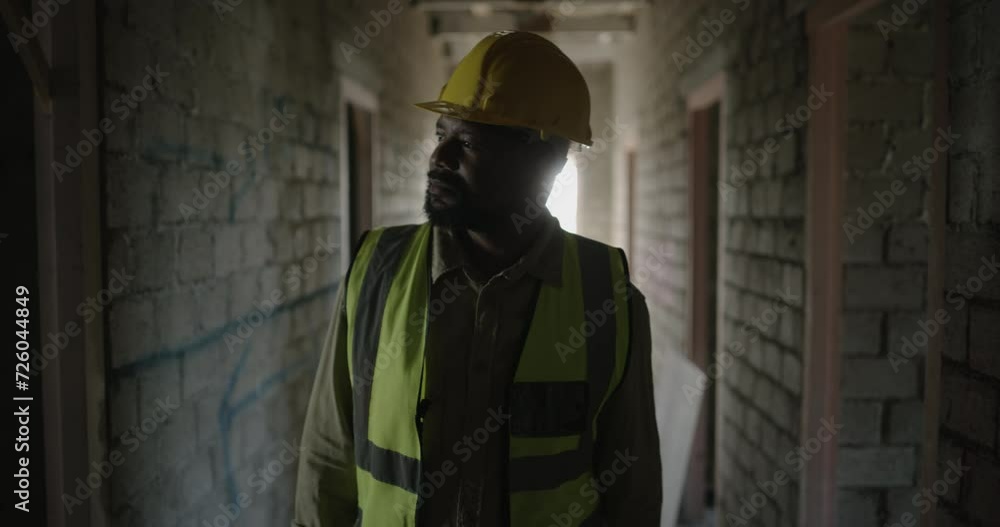 Poster building inspection, construction site or black man walking for architecture or engineering project.