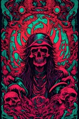 a vintage retro black light psychedelic concert gig band music poster featuring a scary skull, skeleton, Halloween, suited for a death metal or heavy metal group band