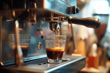 The barista's coffee brewing scene, the espresso machine. Generative AI. - obrazy, fototapety, plakaty