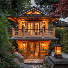Tiny two floor timber frame house with double front doors and terrace with lantern and oriental...