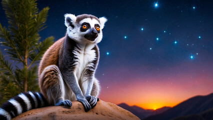 Lemur enthusiastically watches the races on the tree - obrazy, fototapety, plakaty