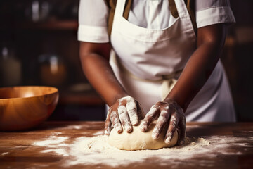 Black woman kneading fresh dough, kitchen background