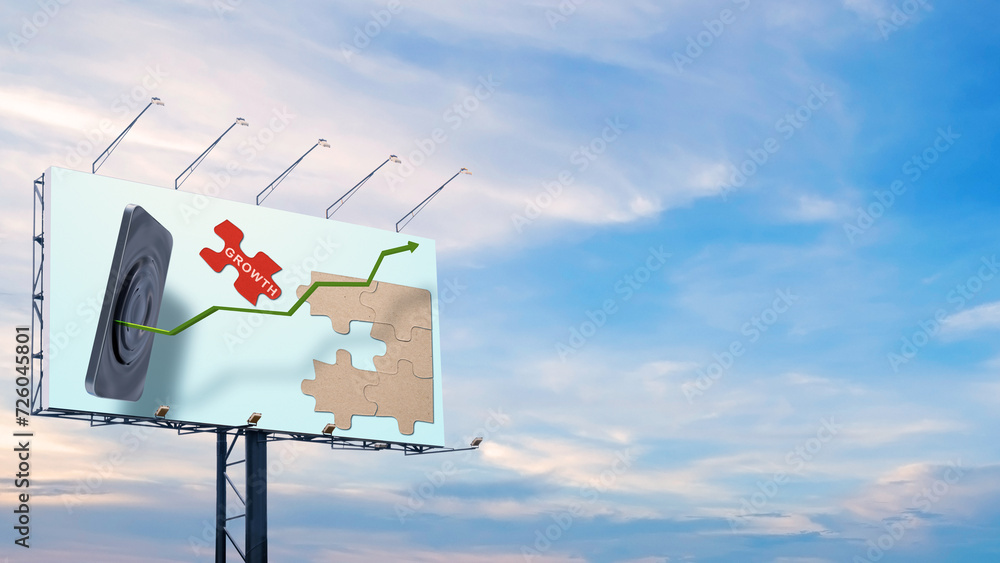 Poster billboard view of a piece of a jigsaw puzzle with growth text with graph arrow increases through a m