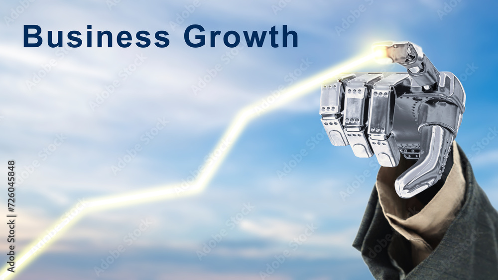 Poster robotic hand showing an increasing graph with business growth text