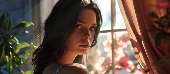 Beautiful brunette, awoken by the morning sun, gazes out of her sunlit apartment.