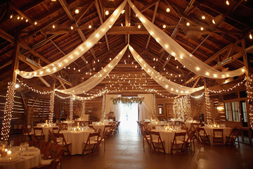 Fototapeta na wymiar Amazing rustic wedding venue. Reception set up in barn