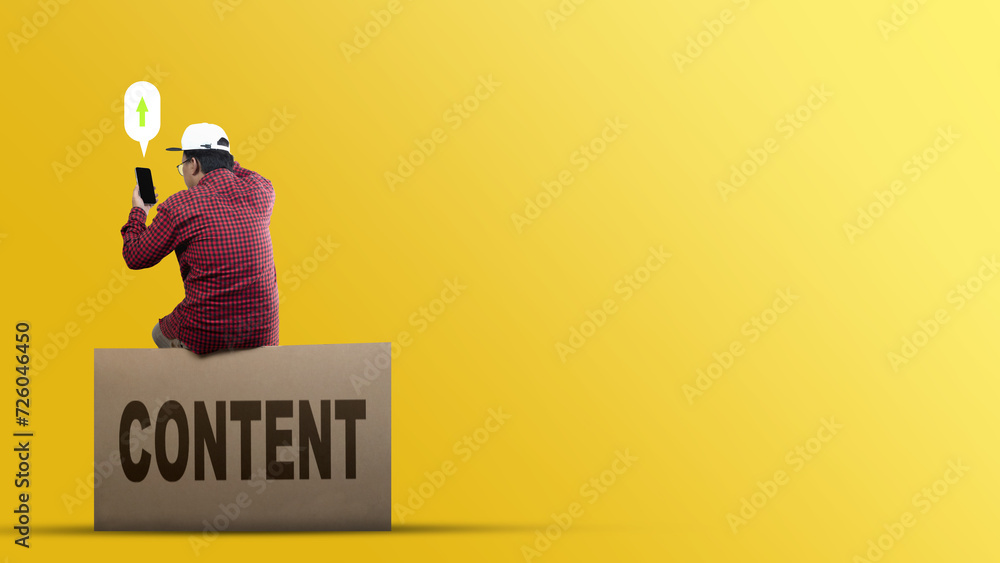 Poster people in hats sit on the large box with content text while using mobile phones with raised arrow si