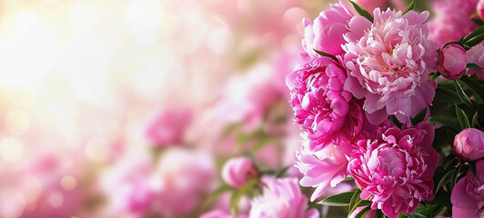 Peonies on soft, dreamy background copy space. Spring summer banner