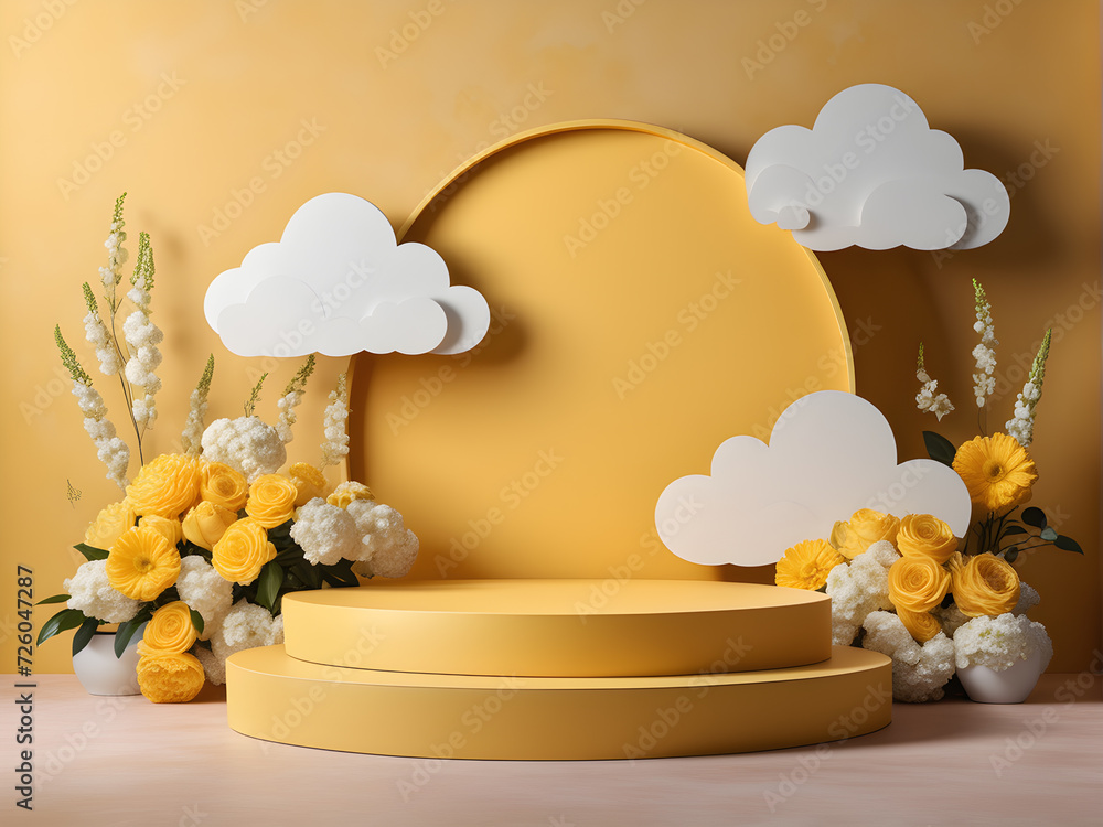Aufkleber yellow-podium-in-a-studio-setting-adorned-with-clouds-and-floral-patterns-showcasing-a-product-mock