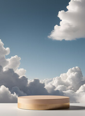 product-mock-up-on-a-podium-in-a-studio-setting-with-clouds-simplistic-backdrop-in-real-photo-style