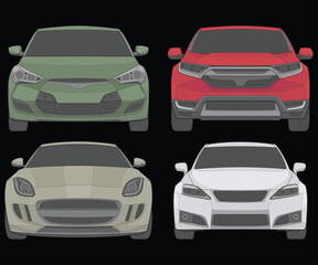 Set of front view Vector Illustration of Isolated highlight  color car on black background, Vehicle in a Flat Cartoon Style.