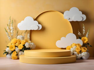 yellow-podium-in-a-studio-setting-adorned-with-clouds-and-floral-patterns-showcasing-a-product-mock