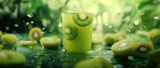 Poster glass of kiwi fresh  juice with splashes and kiwis , fresh juice advertisement © StellaPattaya