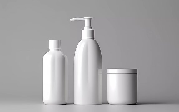3d illustration of empty and clean white plastic containers: bottle with spray, dispenser and dropper, cream jar, tube. Cosmetic package. generative ai