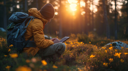 Explorer with backpack using a tablet in a forest at sunset, blending technology with the tranquility of nature.