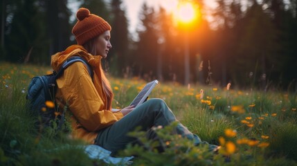 Person in a yellow jacket reading in a sunlit field, peaceful leisure moment in nature, educational outdoor setting. - obrazy, fototapety, plakaty