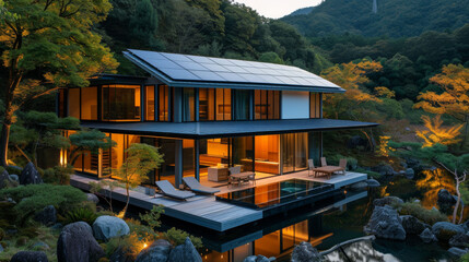 Luxurious eco-friendly home with nature-integrated architecture, boasting sustainable design in a serene environment.