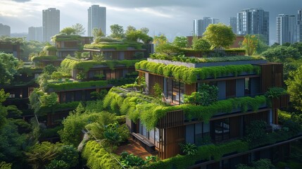 Innovative green architecture with living roofs and walls on urban buildings, showcasing vertical gardening in a city environment.