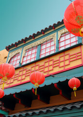 Chinatown building with red Chinese paper lanterns