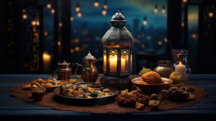 Fototapeta na wymiar Candle lantern decoration, with sweet dates. Islamic holiday Ramadan Kareem ornament wallpaper background. 