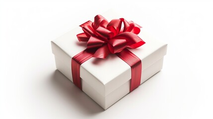Obraz premium A white gift box with a red ribbon bow, isolated on a white background