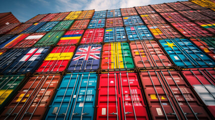 An array of international flags on the sides of containers representing the different countries involved in global trade illustrate the diversity and complexity of containerized