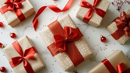 Gifts adorned with red ribbons set against a white backdrop
