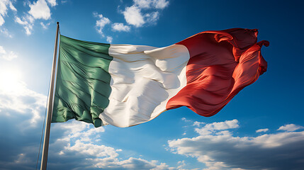 Naklejka na ściany i meble Italy flag flying in daylight and clear blue sky independence background