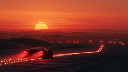 As the sun dips below the horizon the cars continue on their journey their taillights creating a trail of dots in the dimly lit desert. - obrazy, fototapety, plakaty