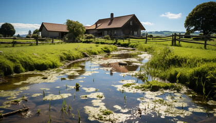 Fototapeta premium Tranquil meadow reflects green mountains, rustic hut under blue sky generated by AI