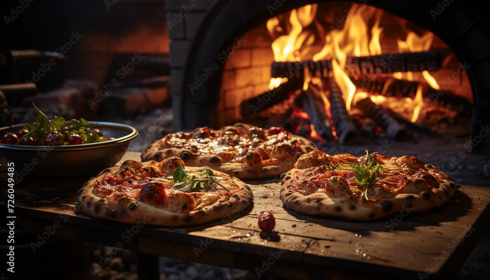 Wall mural freshly baked pizza on rustic wooden table, topped with mozzarella and salami generated by ai