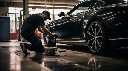 a well-organized auto detailing space, a man meticulously polishes a car, showcasing the artistry and precision in the world of automotive care