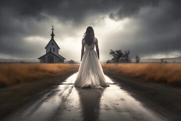 woman in a white wedding dress walks along the road in the middle of a field to the church. religion and christianity - 726049860