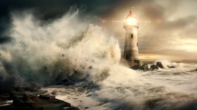 Scene of the lighthouse being hit by waves and storms, 4k animated virtual repeating seamless	
