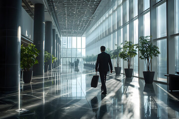 silhouette of business traveler man with luggage bag in the station hall