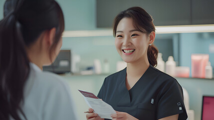 A dermatology clinic's Korean nurse with a beautiful smile handing a patient a skincare pamphlet