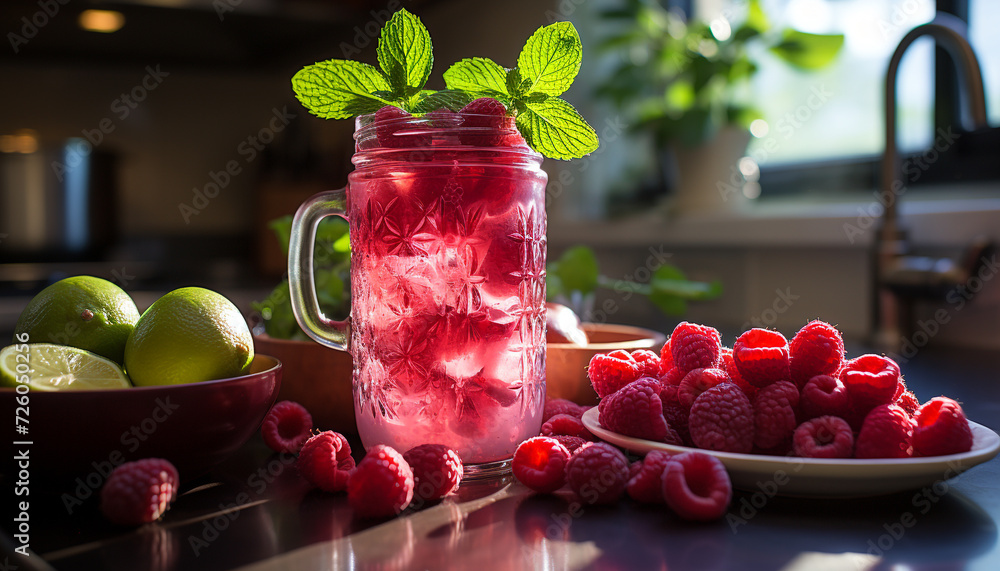 Poster freshness of summer in a healthy raspberry cocktail on table generated by ai
