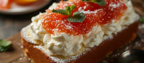 Selective focus on cream cheese and grapefruit jam atop a loaf cake.